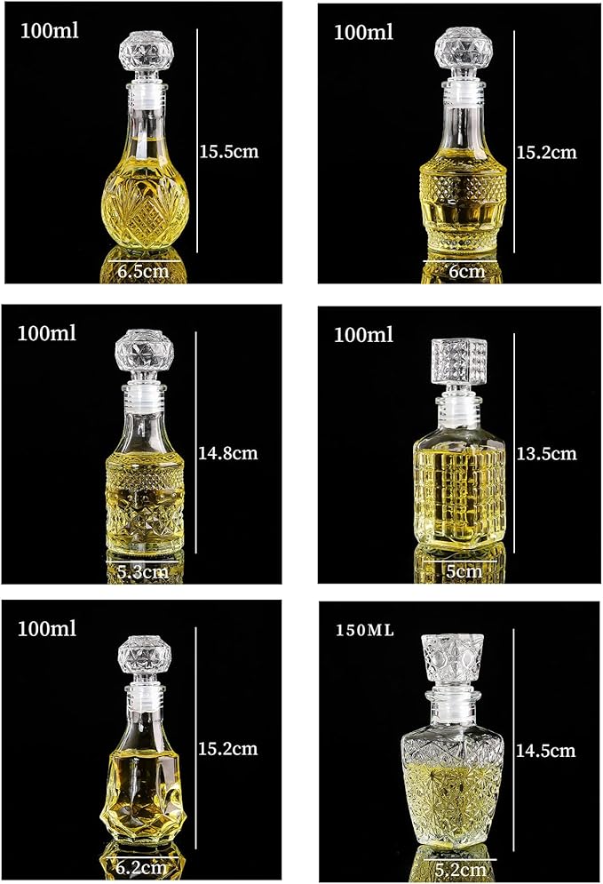 AlifordGlass Mini Glass Bottles with 6 Different Shapes Can be Used for Self-Made juicing, Wine Bottles or Whiskey Decanter