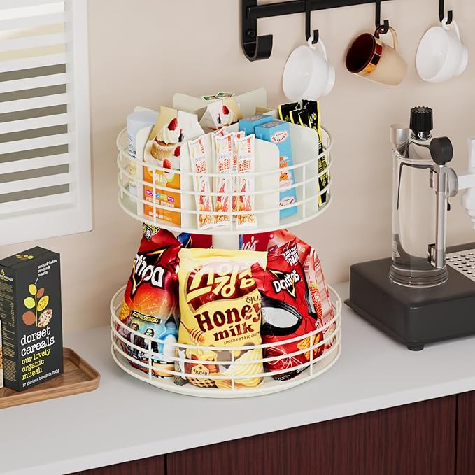 Snack Organizer - Versatile Snack Storage 2 Tier Lazy Susan with Convenient Grab-and-Go Design, Metal Snack Holder for Home, Office, Breakroom, 12.13" L x 12.13" W x 12.56" H (Matte White)
