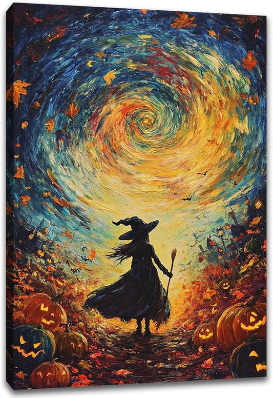 Halloween Autumn Witchy Decor Wall Art Prints,Gothic Witch in Whirlwind Autumn with Pumpkins Scene Pictures Poster,Fall Festival Home Decor Painting Canvas Poster for Bedroom Bathroom,24"x36" Framed
