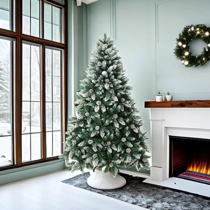 Artificial Christmas Tree 5/6/7/7.5 Foot Flocked Snow Trees with Pine Cone Decoration Unlit