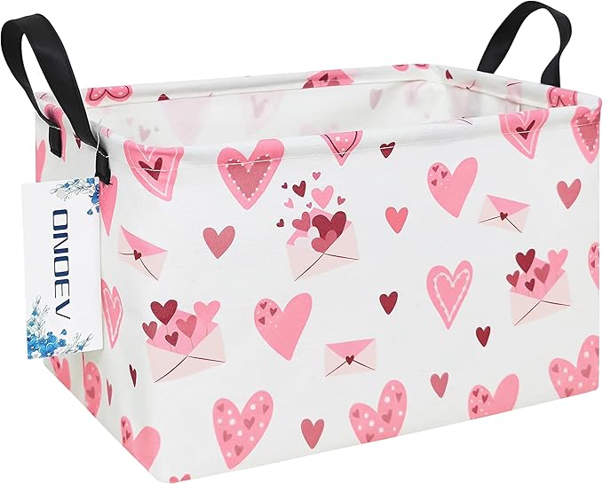 Rectangular Folding Laundry Basket,waterproof Canvas Basket,gift basket,Suitable for children's room,Office,Clothes,Toys Storage(Pink Love)