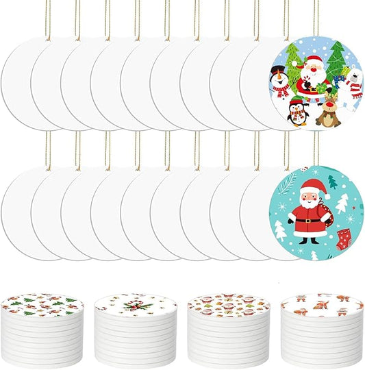 60 Pcs Sublimation Ceramic Ornaments Blank Double-Sided 3 inch Round Sublimation Ornament Blanks for Heat Press Printing Crafting DIY Personalized Christmas Home Decor