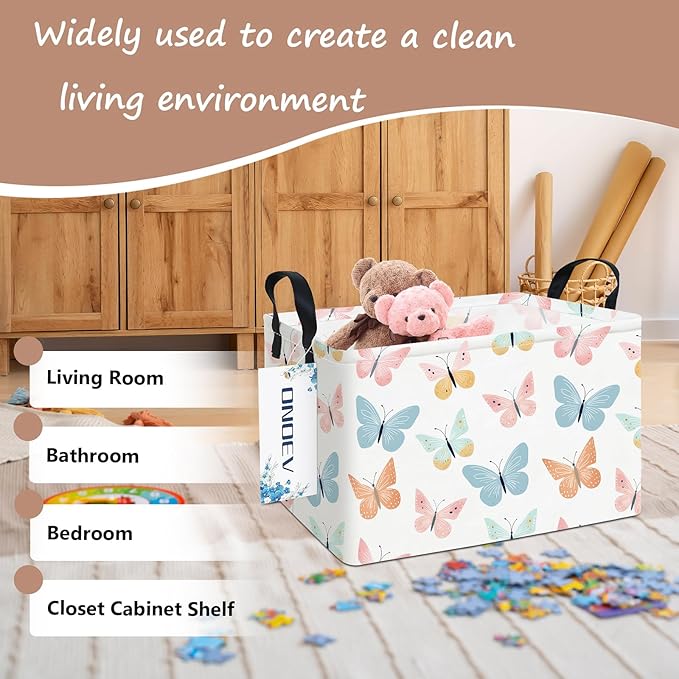 Rectangular Folding Laundry Basket,waterproof Canvas Basket,gift basket,Suitable for children's room,Office,Clothes,Toys Storage(Colorful butterfly)