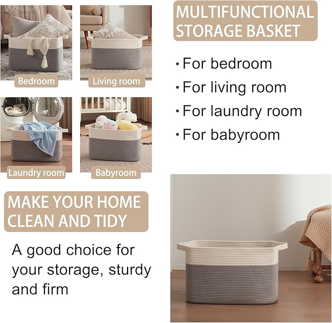 OIAHOMY 65L Blanket Basket, Cotton Rope Woven Blanket storage for Living Room, Rectangle Woven Baskets for Storage, 20''×16''×12'', Grey and White
