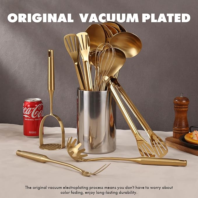 Gold Cooking Utensils Set - 18/10 Stainless Steel Large and Small Spoons Set, 16 PCS All Metal Kitchen Tools, Serving Utensils - Whisk, Masher, Fork, Tongs, Spatula, Ladle, Skimmer, Turner, Pasta