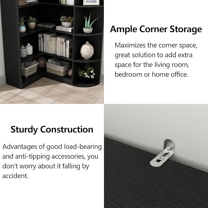 Loomie Black Book Shelf, 6 Tiers Shelf Large Tall Corner Etagere Bookcase with Full Baffle, L-Shaped Modern Storage Display Industrial Bookshelves for Bedroom, Home Office, Living Room & Kitchen,Black