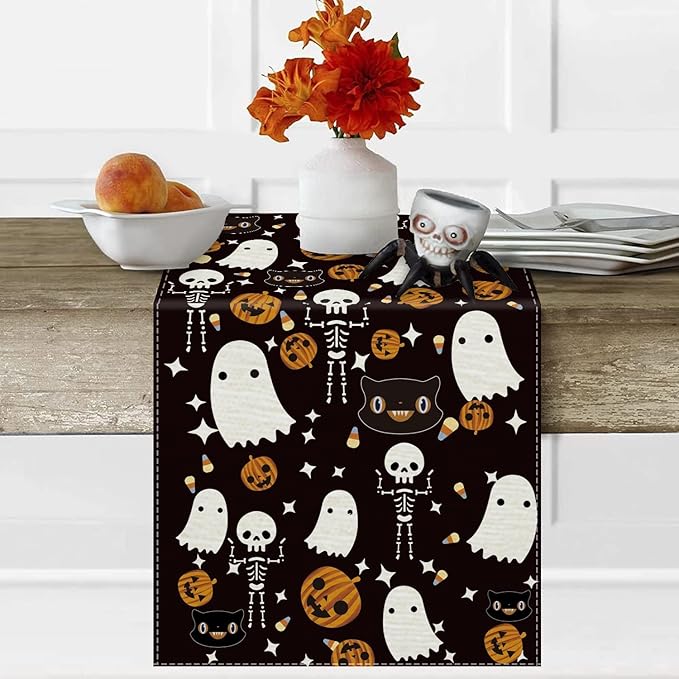 GAGEC Halloween Table Runner Black Cat Pumpkins Seasonal Kitchen Dining Table Home Outdoor Party Decorations (13'' x 36'')