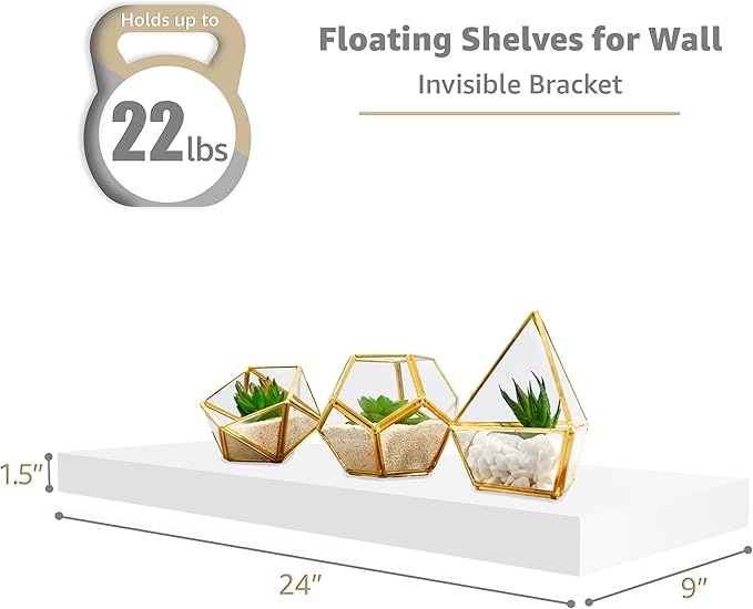 Sorbus Floating Shelves for Wall - 24" Bathroom Shelves, Wall Decor for Bedroom, Kitchen, Living Room, Home Decor & Book Storage - Mounted Floating Shelf with Invisible Brackets (White, 4 Pack)