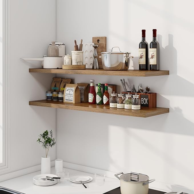 48" Floating Shelves for Wall, 12" Deep Slim Walnut Floating Shelves, Wall-Mounted Shelves for Bedroom, Living Room, Kitchen, Bathroom - Set of 2