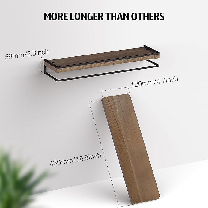 Meangood Floating Shelves Wall Mounted Set of 2, Rustic Wood Wall Storage Shelves for Bedroom,Living Room,Bathroom, Kitchen Brown