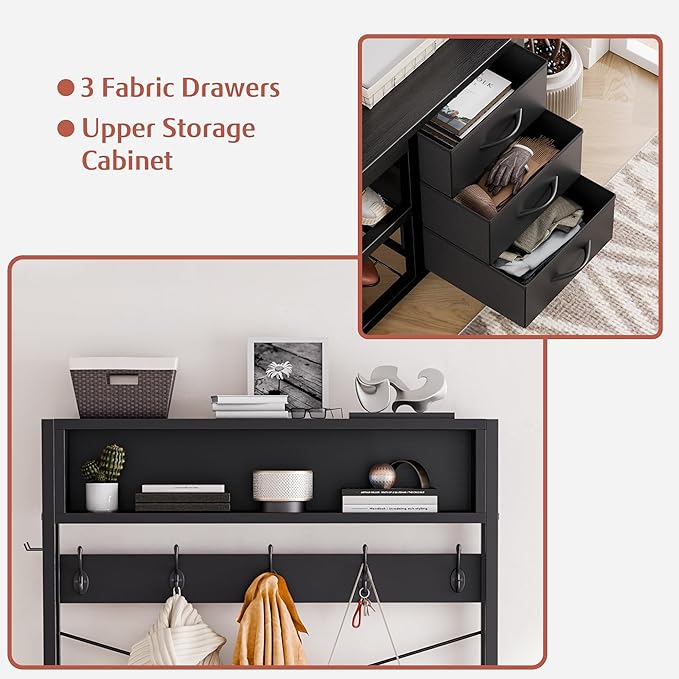 Lulive Hall Tree with Bench and Shoe Storage, 31.5" Coat Rack Freestanding with 2-Tier Storage Shelf, 6-in-1 Entryway Bench Coat Rack with 12 Hooks and 3 Drawers(Black)