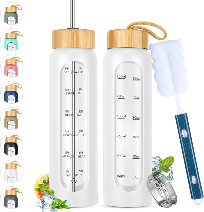 32 oz Glass Water Bottle with Straw - Motivational Time Marker & Silicone Sleeve - Reusable Tumbler Includes 2 Bamboo Lids & Fruit Infuser - 1 Pack