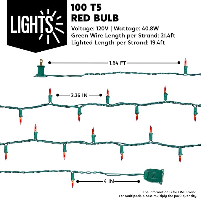 Joiedomi Red Christmas String Lights,100 Count 21.4FT Christmas Fairy Tree Lights Plug in for Indoor Outdoor Valentine's Day Xmas Decorations Patio Holiday Theme Party Yard House,Green Wire