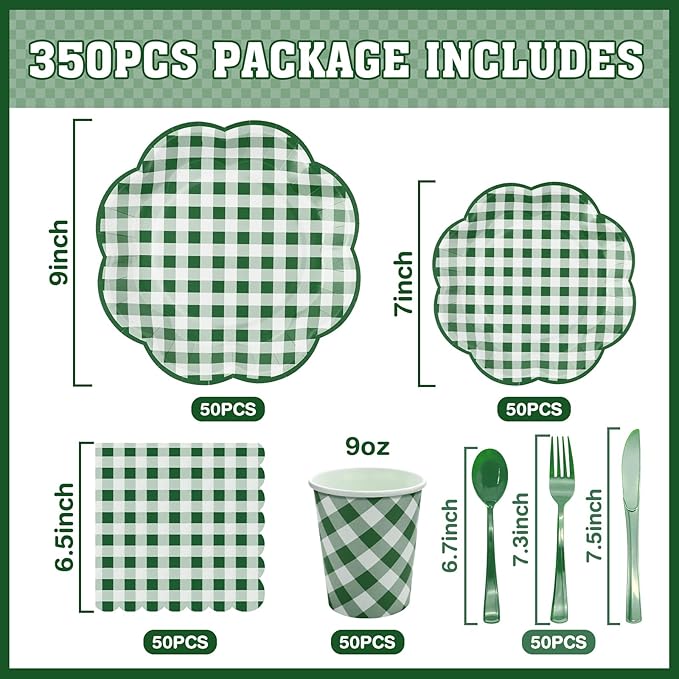 350 Pcs Green Gingham Plates and Napkins Party Supplies - Green and White Checkered Plates Sets Serve 50 Guests - Scalloped Gingham Paper Plate for Birthday Picnic BBQ Golf Party Decorations