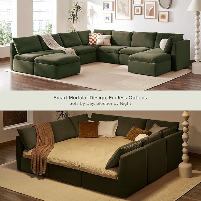 mopio Oversized Modular Sectional Sofa with Fully Removable Covers and Storage, Convertible U, L-Shaped and Sleeper Sectional, Modern Couches with Ottoman Chaise (Olive Green Velvet, 9 Seats, Sleeper)