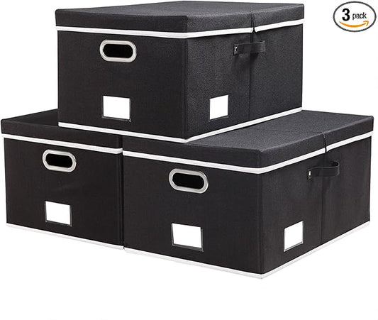 PRANDOM Storage Boxes with Lids [3-Pack] Fabric Collapsible Storage Bins Organizer Containers Baskets Cube with Cover for Home Bedroom Closet Office Nursery Black（23.4X15.9X11.5