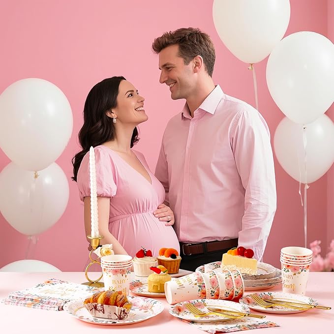 350 Pcs Baby in Bloom Baby Shower Decorations for Girl, Its a Girl Baby Shower Plates and Cups and Napkins Sets, Pink Floral Baby in Bloom Plates and Napkins Sets, Serves 50