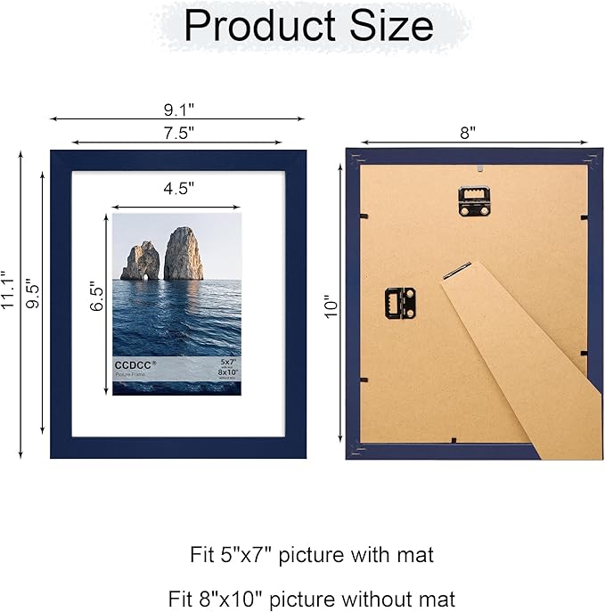 8x10 Picture Frame Set of 4, 8 x 10 Wood Photo Frames with Mat for 5x7, Natural Wooden Frame with Real Glass Cover for Wall and Tabletop Display,Blue