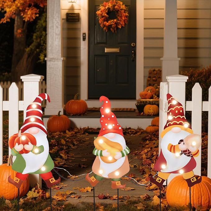 WONDER GARDEN 3 PCS Fall Yard Sign Metal Gnomes Decorative Garden Stakes with Led Lights Autumn Harvest Pumpkin Thanksgiving Garden Lawn Porch Patio Decorations Outdoor