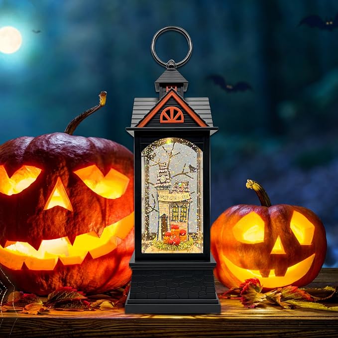 Halloween Snow Globe Lantern with 6 Hour Timer,Halloween Decorations Indoor for Home,Halloween Decor,USB or Battery Powered for Halloween Lanterns,Halloween Spooky Town