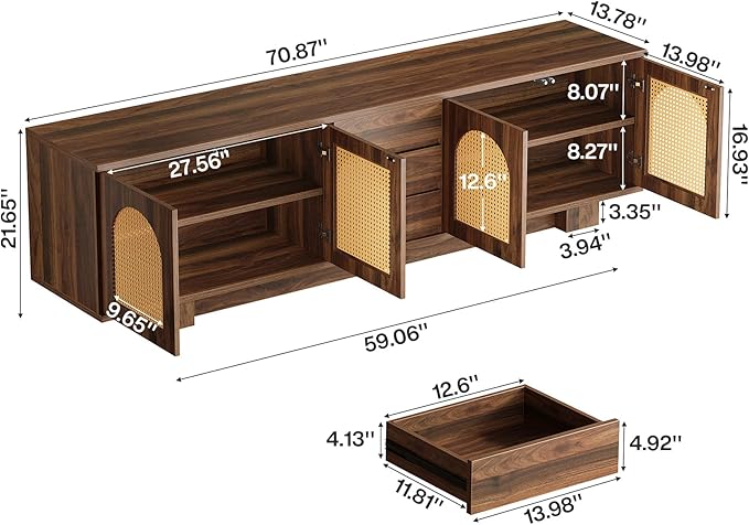 Tribesigns 70.9" TV Stand for TVs up to 80 Inches, Mid-Century Modern Entertainment Center with Storage and Drawers, Rattan Media Console TV Cabinet for Living Room, Bedroom, Walnut