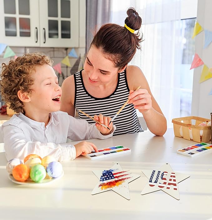 FCECOR 4" 100PCS Wooden Stars for Crafts, Wood Stars for 4th of July Kids Crafts Wood Slices DIY Crafts Supplies, Unfinished Wooden Ornaments for DIY Christmas Crafts Projects