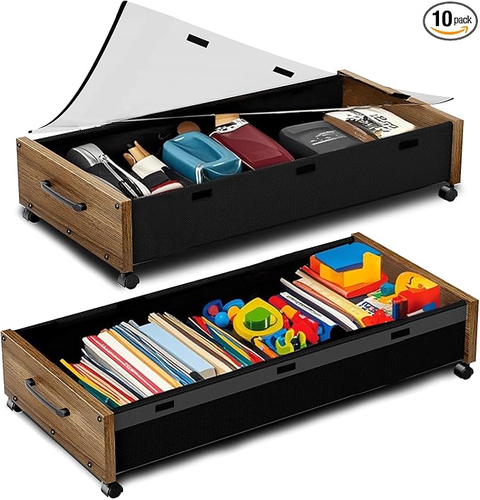 Wooden Under Bed Storage with Wheels, 80L Extra-large Rolling Under the Bed Storage Bins 2 Pack with Removable Lid, Upgrade Metal Under Bed Drawers for Clothes Shoes Blankets in Bedroom