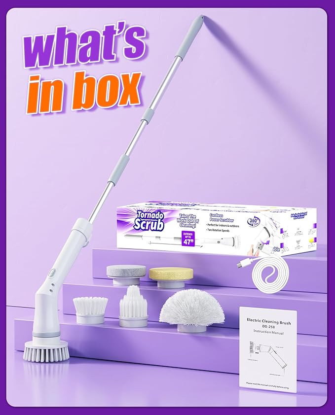 Electric Spin Scrubber, Cordless Shower Scrubber Rotary Floor Brushes & Pad Drivers with 6 Brush Heads - 2H Dual Speed, IPX7 Waterproof Extension Handle for Bathroom Tile Car Cleaning (White)