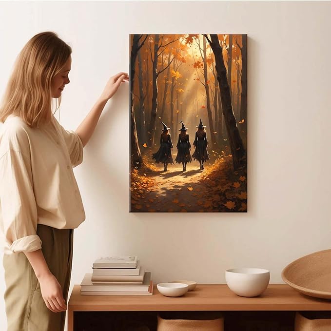 Three witches walking in the forest in autumn canvas painting gothic poster halloween print country witch wall art for home decoration12x16in Wood Framed