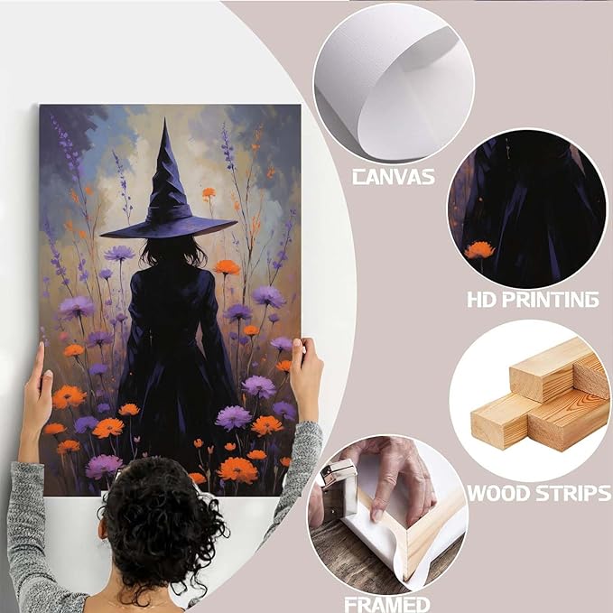 Country wildflower witch canvas print halloween mashup art witch purple decoration bohemian elegant art poster20x30in Wood Framed