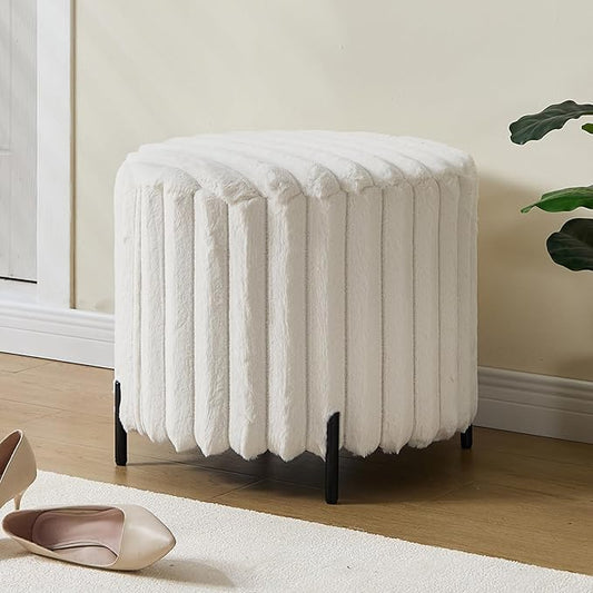 Furniliving Modern Round Ottoman, Large Size Bedroom Ottoman Footstool Round Ottomans Stool for Living Room, Bedroom, Makeup Room, Beige, Faux Fur
