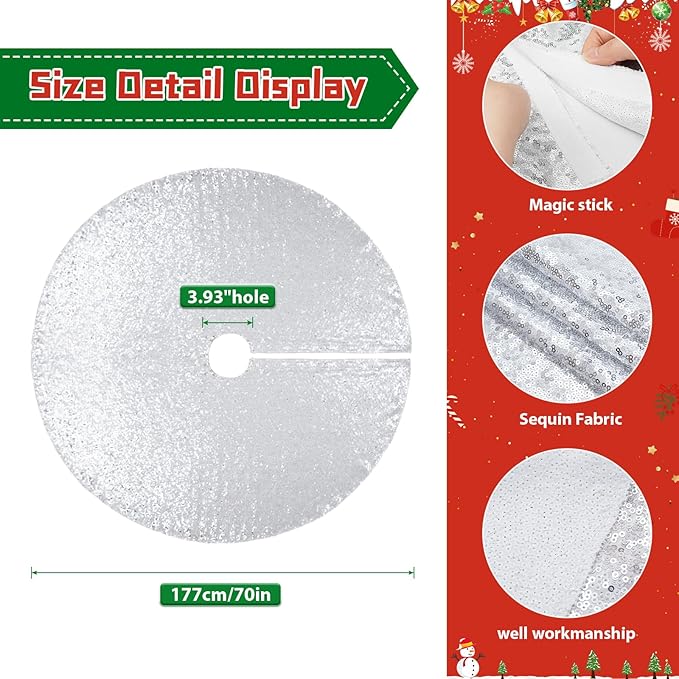 Eternal Beauty Christmas Tree Skirt, 70 Inch Silver Sequin Tree Skirt Small Xmas Tree Skirt for Christmas Tree Decorations