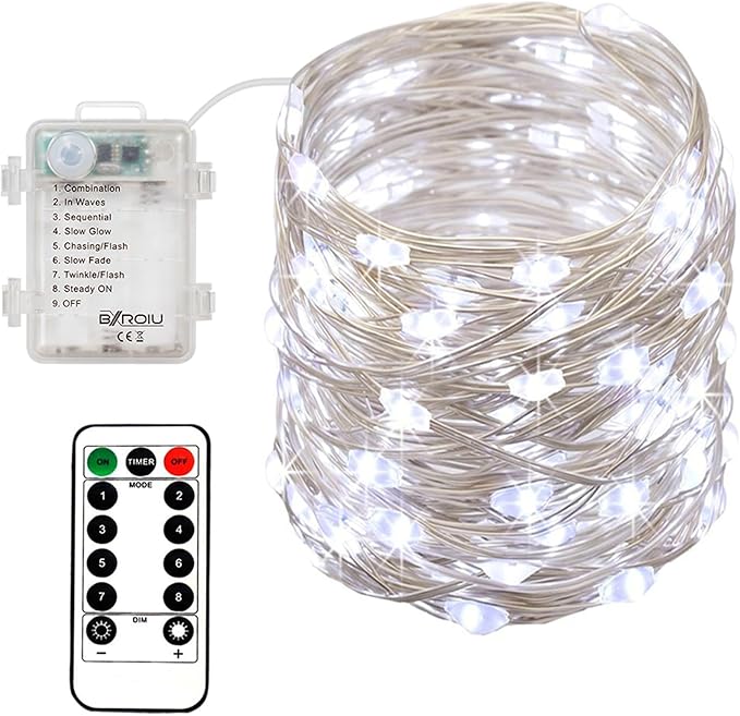 4 x Fairy Lights Battery Operated, Silver Wire Chains 8 Mode 5M 50 LEDs Timer String Lights with Remote Control for Bedroom Christmas Party Wedding Decoration