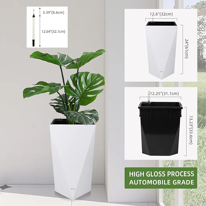 Dexceder 24 Inches Tall Self Watering Planter Diamond High Gloss Indoor Outdoor, Thickened Rhombus Large Floor Standing Flower Plant Pot with Water Level Indicator (White)