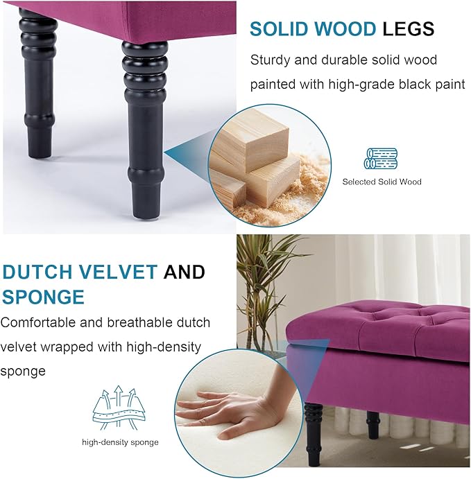 Ottoman with Storage Velvet Storage Bench Holds Up to 500 lbs Ottomans Upholstered Bench with Seating for Bedroom, Living Room, Purple