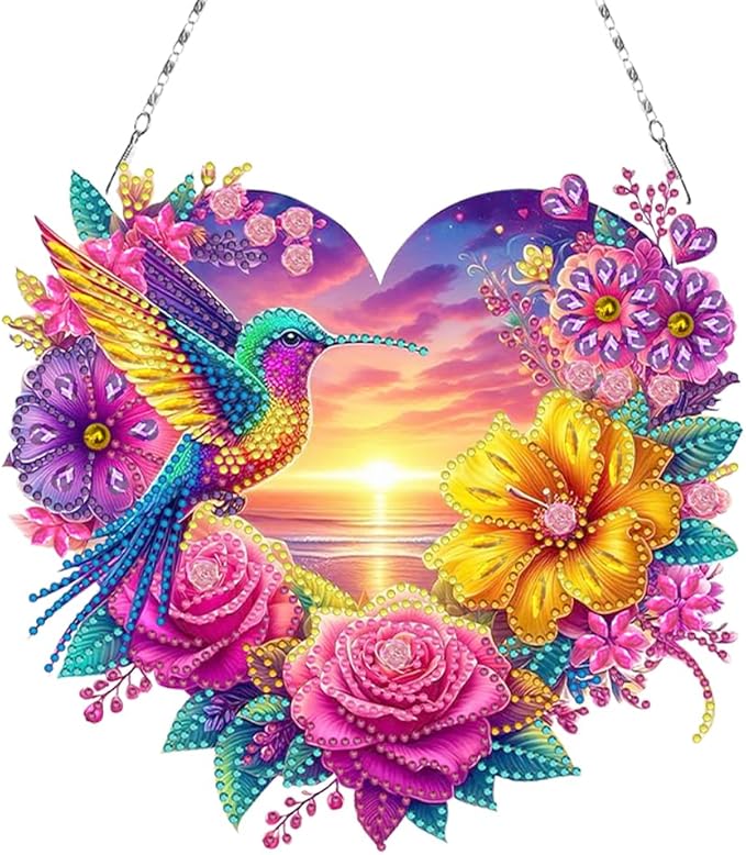 Flowers Hummingbird Diamond Art Kits,5D Diamond Hanging Ornament Kits,DIY Special Shaped Diamond Dot Kits,Home Porch Crystal Hanging Pendant Ornament (Colorful2)