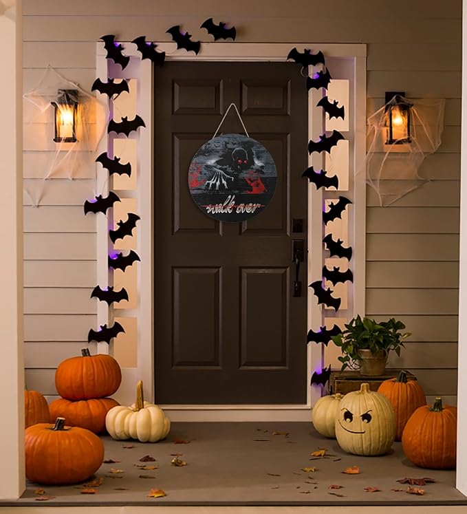 Halloween Wooden Round Hanging Sign Decoration Horror Skeleton Outdoor Wooden Plaques Yard Front Door Hanger Home Wall Decor for Halloween Wreath Party Supplies Decor