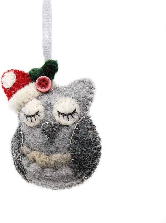 Hand Crafted Wool Felt Christmas or Winter Ornaments from Nepal, Owl Forrest Animal (GLG60036-01)