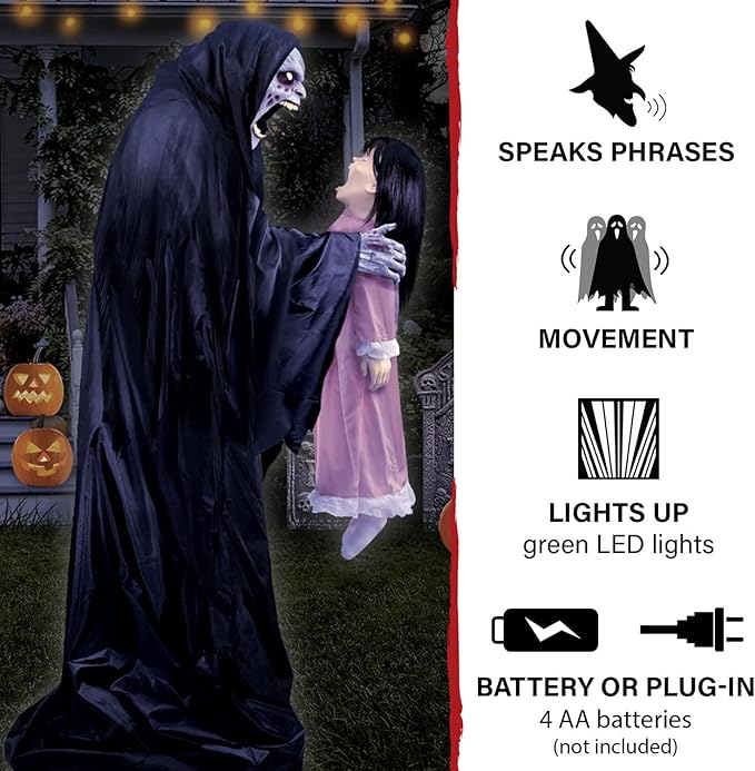 Haunted Hill Farm Soul Sucker Demon Reaper with Child by Tekky, Motion-Activated Talking Halloween Animatronic for Creepy Indoor or Covered Outdoor Halloween Decorations, Plug-in or Battery Operated