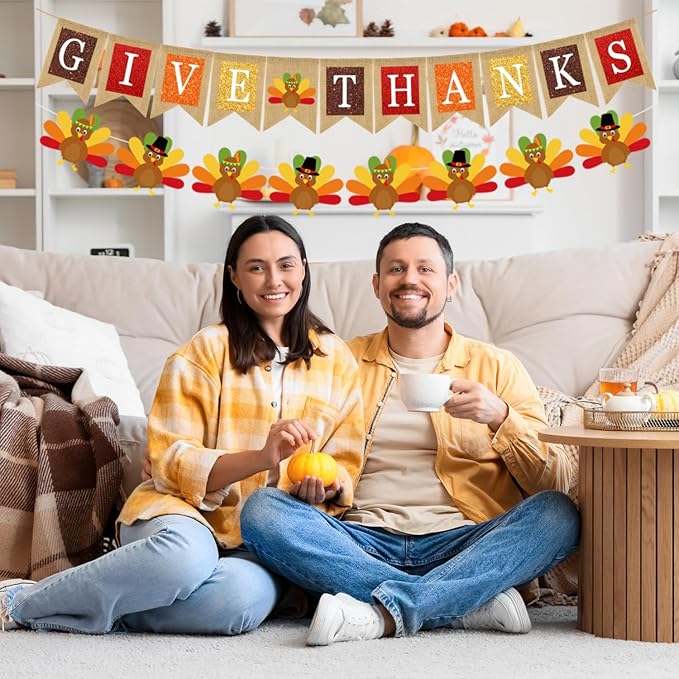 Doumeny 2Pcs Give Thanks Burlap Banner Turkey Paper Hanging Banner Thankful Bunting Garland with Turkey Thanksgiving Fall Party Garland Autumn Harvest Bunting Flag for Mantel Fireplace Farmhouse Decor