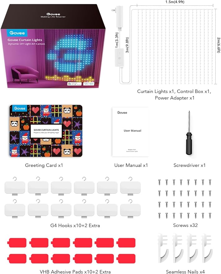 Govee Curtain Lights, Smart LED Color Changing Wall Lights, Dynamic DIY Curtain String Lights for Bedroom Living Room Holiday Decor, Outdoor IP65 Waterproof，4.9x6.6ft, 520 RGBIC LED