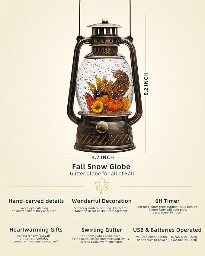 Fall Decorations for Home - Vintage Fall Snow Globe Lantern with 6H Timer,Pumpkin Sunflowers Scene Snow Globes USB or Battery Powered,Fall Decor for Fall Harvest Thanksgiving Autumn