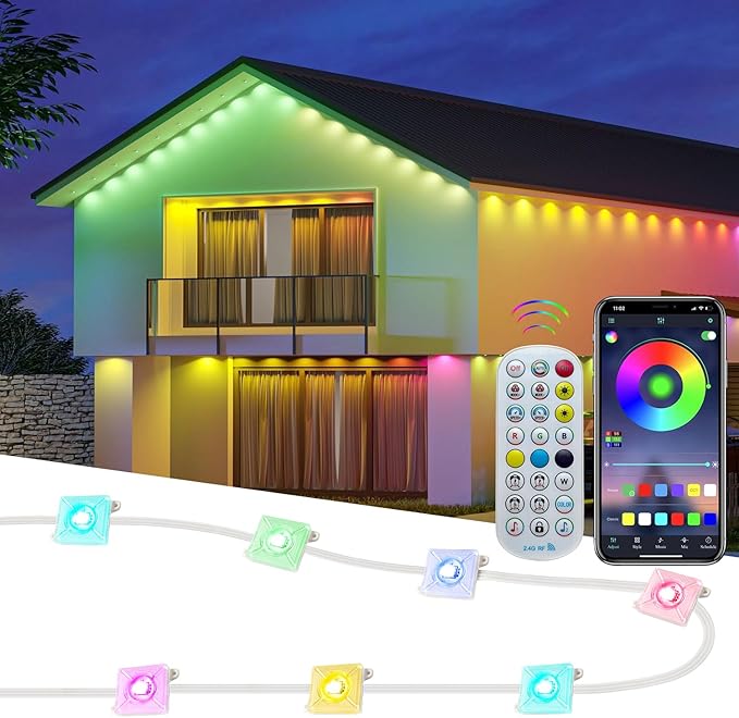 Permanent Outdoor Lights,Intelligent RGB+IC Outdoor Lights with a Wide Range of Scene Modes, IP67 Waterproof, Patio, Eave, Outdoor Decorations,with App/Remote Control (50FT)