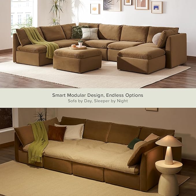 mopio Oversized Modular Sectional Sofa with Fully Removable Covers and Storage, Convertible U, L-Shaped and Sleeper Sectional, Modern Couches with Ottoman Chaise (Hazelnut Velvet, 8 Seats, Sleeper)