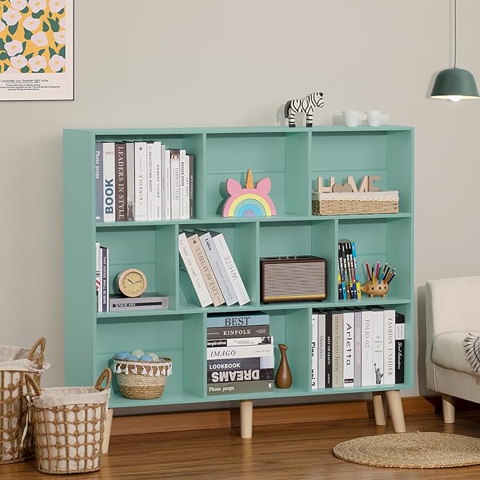 LEYAOYAO 10 Cube Bookshelf,3 Tier Modern Wide Bookcase with Legs,Mid-Century Wood Bookshelves Storage,Mint-Green Large Book Case,Freestanding Organizer Display Shelf for Bedroom,Living Room,Office