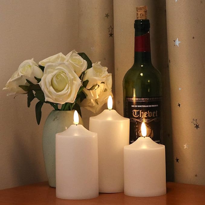 GenSwin Waterproof Flameless Flickering LED Candles with Remote & Timer,Battery Operated Pillar 3D Wick Candles for Indoor Outdoor Lanterns, Won’t melt, Long-Lasting(White, Set of 3)