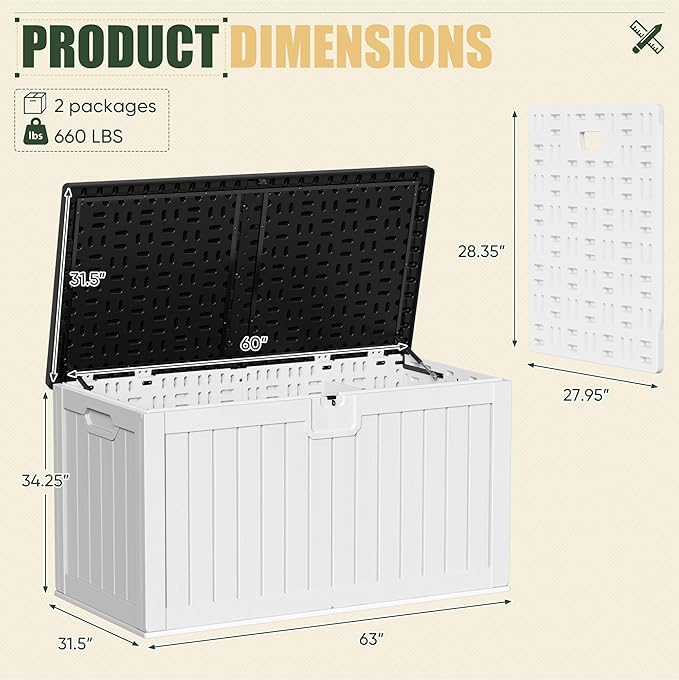 JUMMICO 250 Gallon Outdoor Resin Deck Box with Divider, Waterproof Storage Box with Lockable Lid&Side Handles for Garden Tools, Pools Supplies (White with Black Cover)