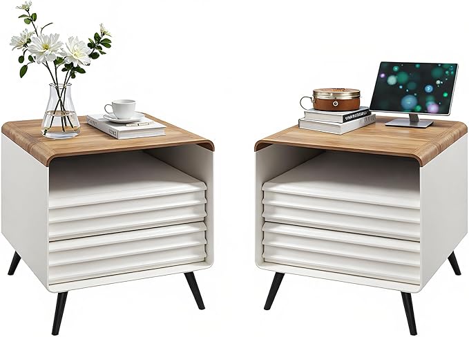 RedLemon 24" Nightstand Set of 2 with Charger Station, Mid Century Modern Fluted End Table with 2 Drawers，Wooden Side Table with Open Cubby Storage for Living Room, Bedroom, Office (Antuique White)