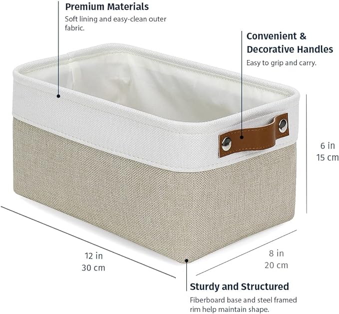 OrganiHaus Small Fabric Storage Baskets for Shelves 6 Pack, 12x8in Closet Storage Bins for Shelves, Cloth Storage Bins, Linen Closet Organizers, Fabric Basket, Shelf Baskets for Organizing Beige/White