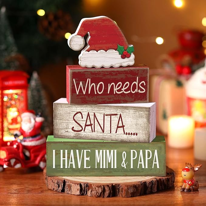4 Pcs Christmas Table Decorations Wooden Red Santa Hat Christmas Tiered Tray Decor Rustic Wood Santa Hat Block Sign Xmas Centerpiece Mimi and Papa's Gift Decor for Home Shelf Kitchen
